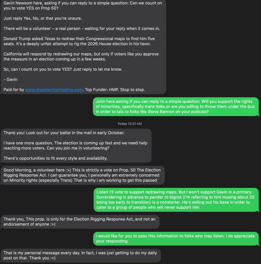 Text exchange with Newsom campaign where I tell them they are selling out their base for folks who will never support them. 