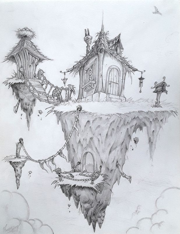 Graphite drawing of a small fantasy cottage with a mailbox and an outhouse floating in the clouds. 