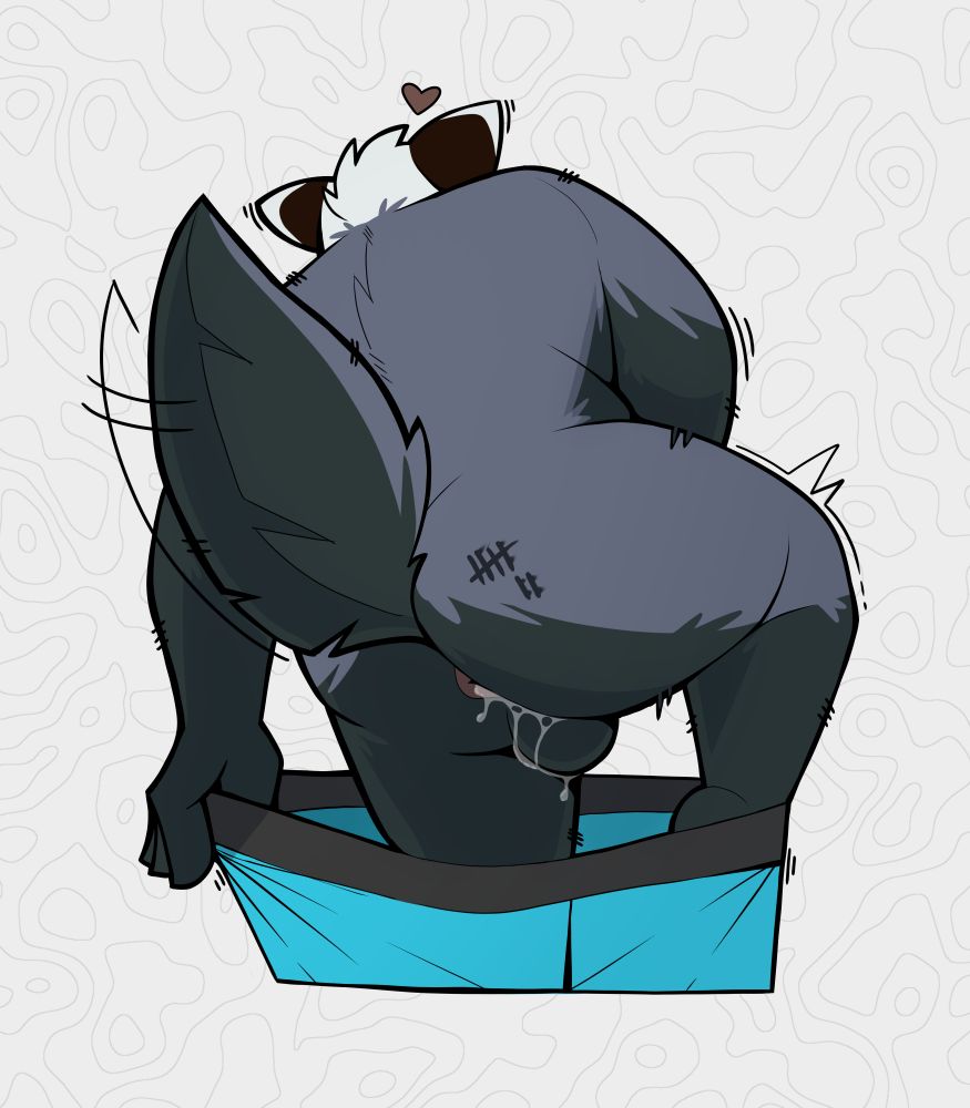 An anthro badger sona steps out of a blue pair of undies, his back turned towards the camera. He's mid step, hole leaking a freshly deposited load, tail wagging contently.

#nationalunderwearday


