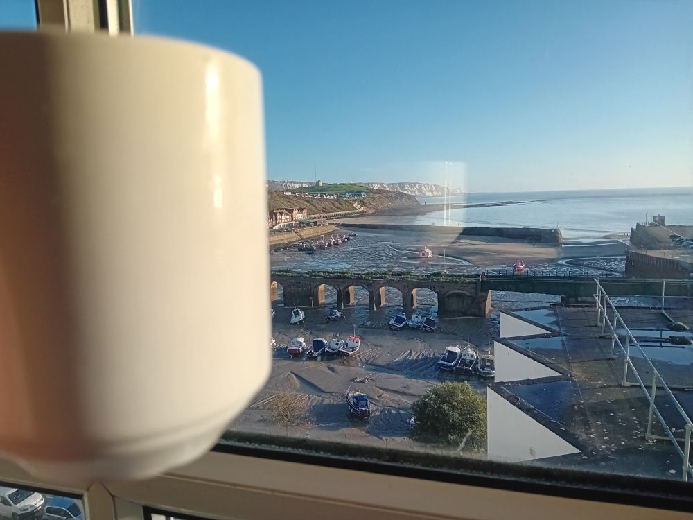 A white mug held in front of a hotel window. Through the window there is the sea (tide out).