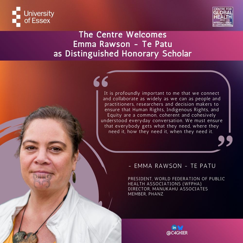 Portrait of Emma Rawson - Te Patu beside text quoting Emma, announcing her welcome as the centre’s first Honorary Distinguished Scholar