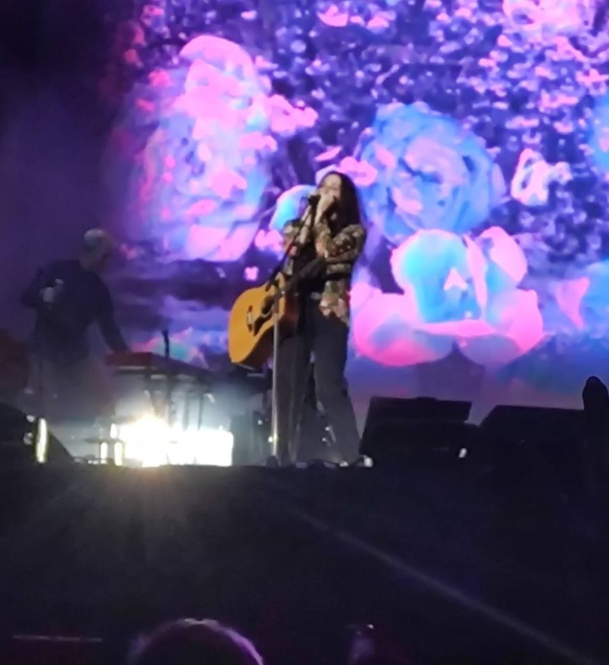 Alanis no palco tocando gaita e com um violão pendurado na frente do tronco. Ao fundo o telão mostra imagens estilizadas de flores num padrão de cores ciano, azul e rosa.