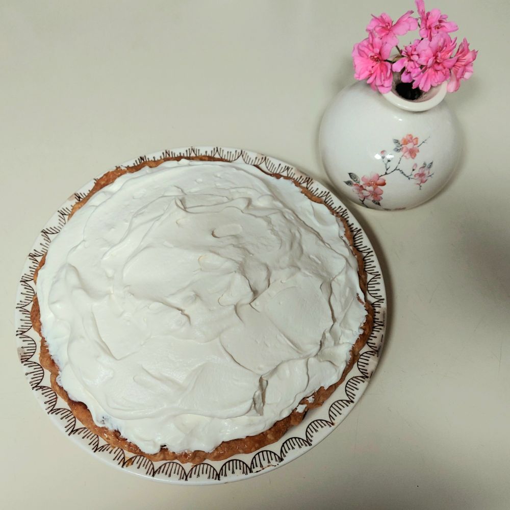Chocolate Pudding Pie next to a vase with a pink geranium. 