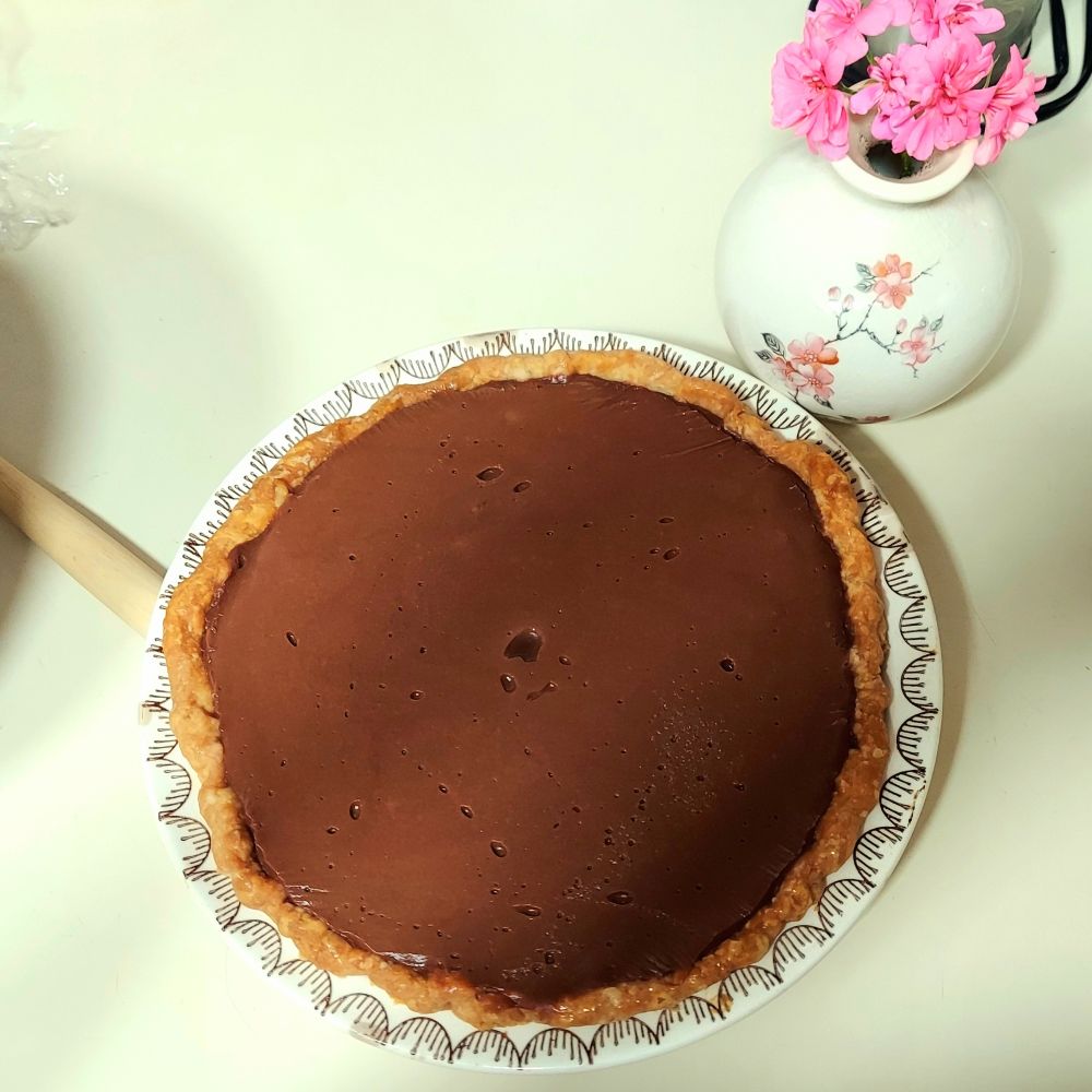 Chocolate Pudding Pie sans whipped cream next to a vase with a pink geranium. 