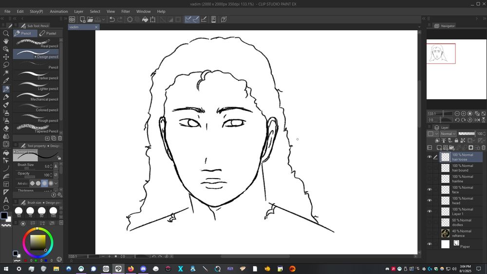 a digital bust drawing of a man with curly hair that has been let loose to hang past his shoulders. a couple curls fall in his face. 