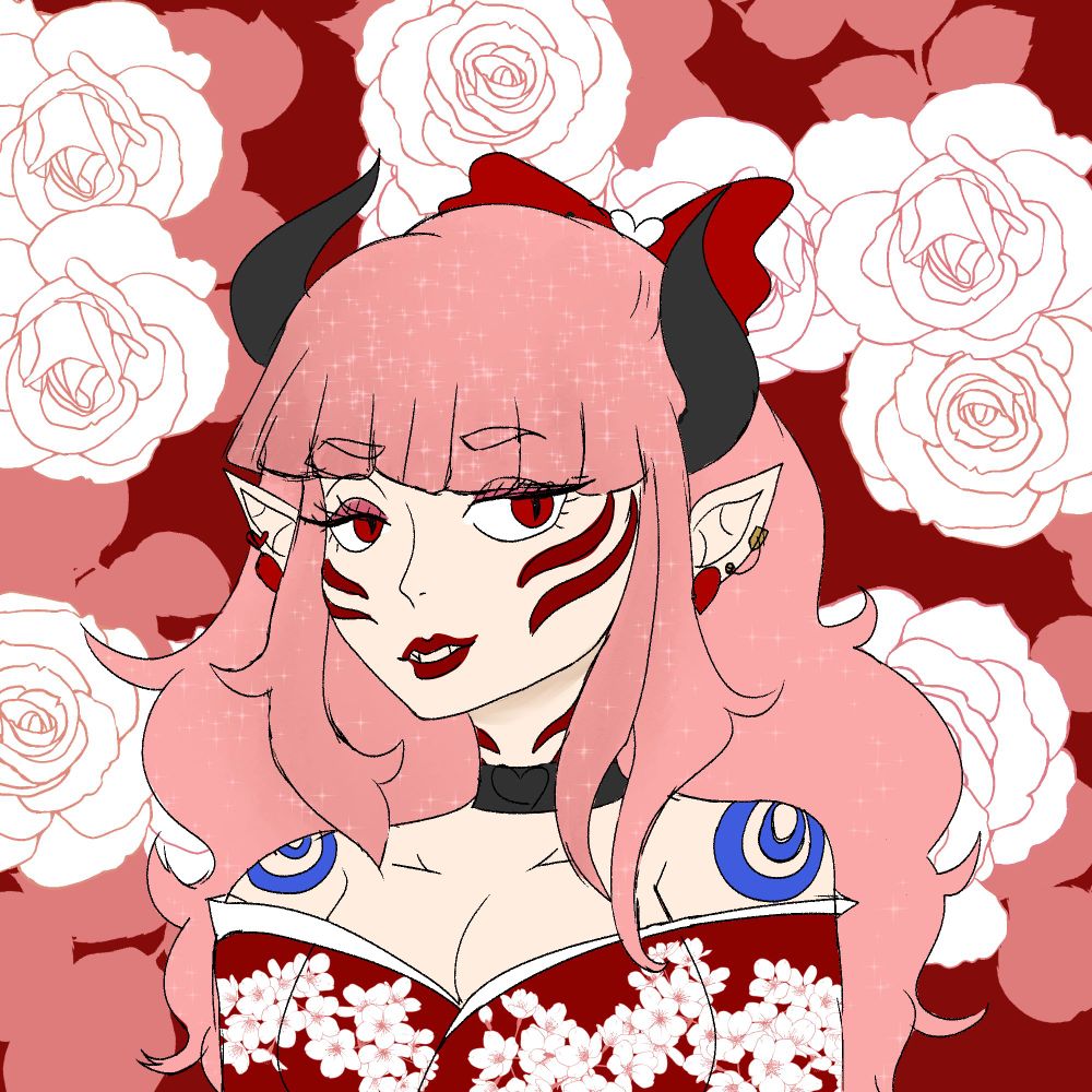 a pink haired girl with red and blue markings, along with horns and a red dress. she is smirking at the camera. the background is filled with white roses. 