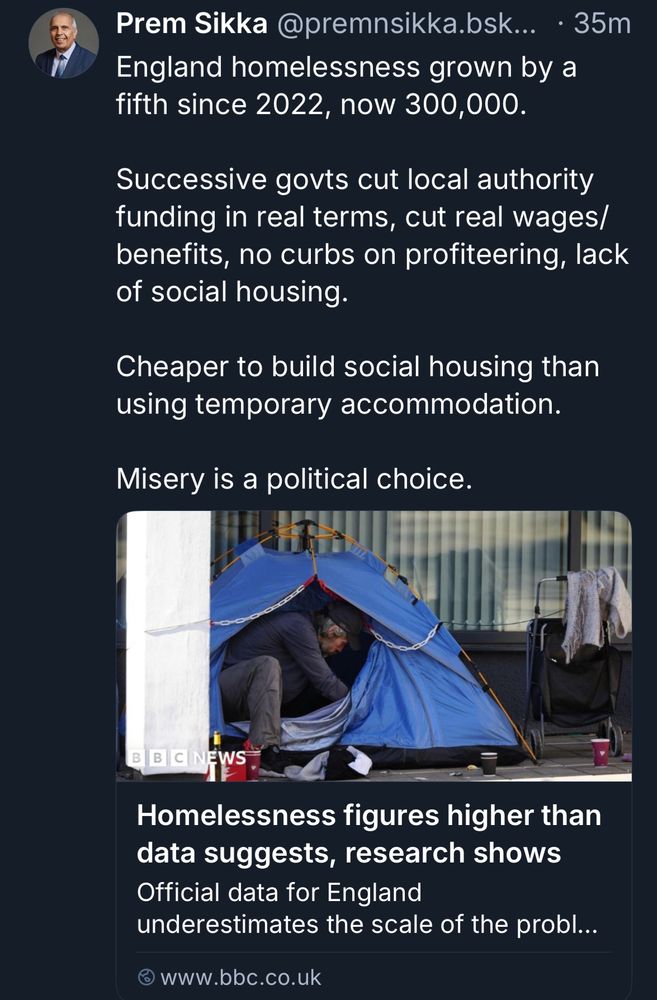 Post by @premnsikka about the rise in homelessness and the reduction in funding 