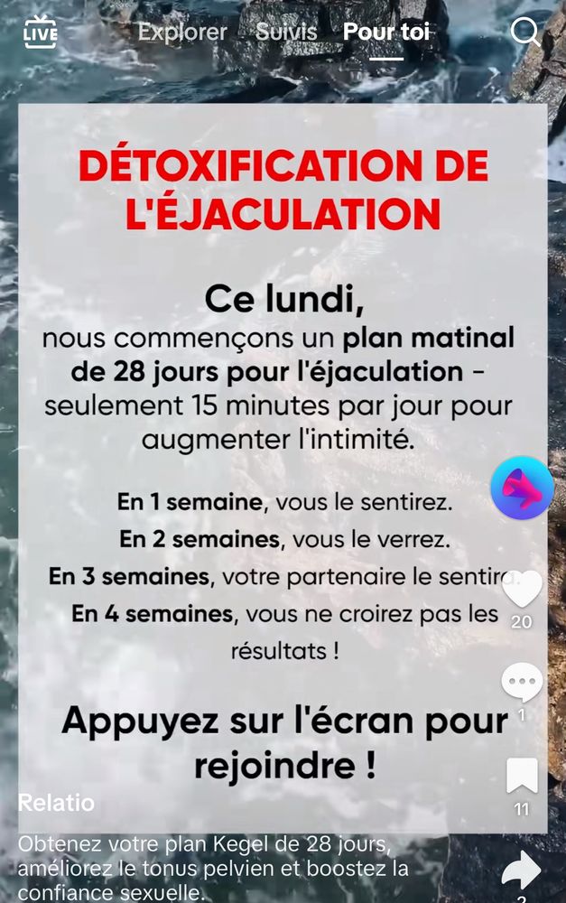 DÉTOXIFICATION DE L'ÉJACULATION
Ce lundi,
nous commençons un plan matinal de 28 jours pour l'éjaculation - seulement 15 minutes par jour pour augmenter l'intimité.
En 1 semaine, vous le sentirez.
En 2 semaines, vous le verrez.
En 3 semaines, votre partenaire le sentir En 4 semaines, vous ne croirez pas les 20 résultats !
Appuyez sur l'écran pour rejoindre !

