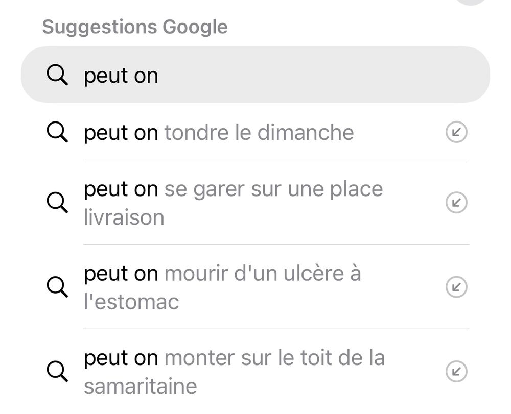 Suggestions Google


peut on

peut on tondre le dimanche


peut on se garer sur une place.
livraison

peut on mourir d'un ulcère à
l'estomac


peut on monter sur le toit de la samaritaine
