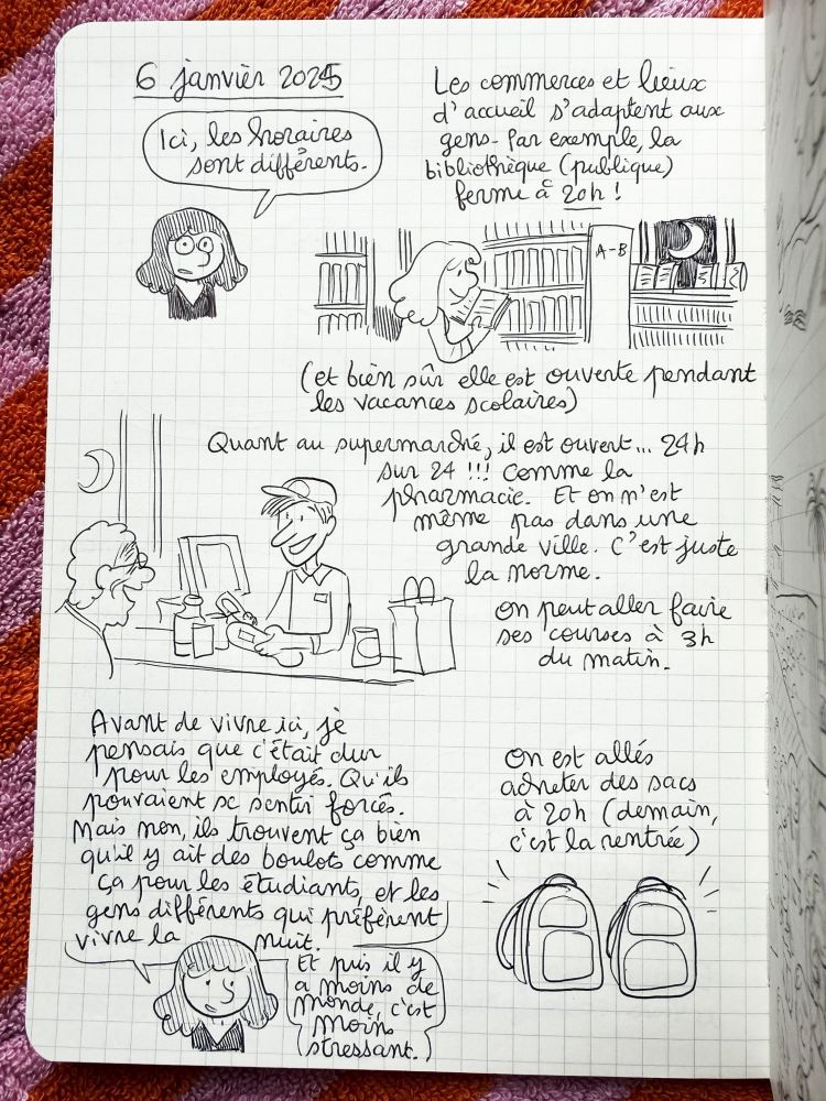 Planche de Laurel qui est partie revivre aux États Unis et qui comment le fait que les magasins sont ouverts 24/24 : Avant de vivre ici, je pensais que c'était dur pour les employés. Qu’ils pouvaient se sentir forcés.
Mais non, ils trouvent ça bien qu’il y ait des boulots comme ça pour les étudiants er les gens différents qui préférent vivre la
nuit.