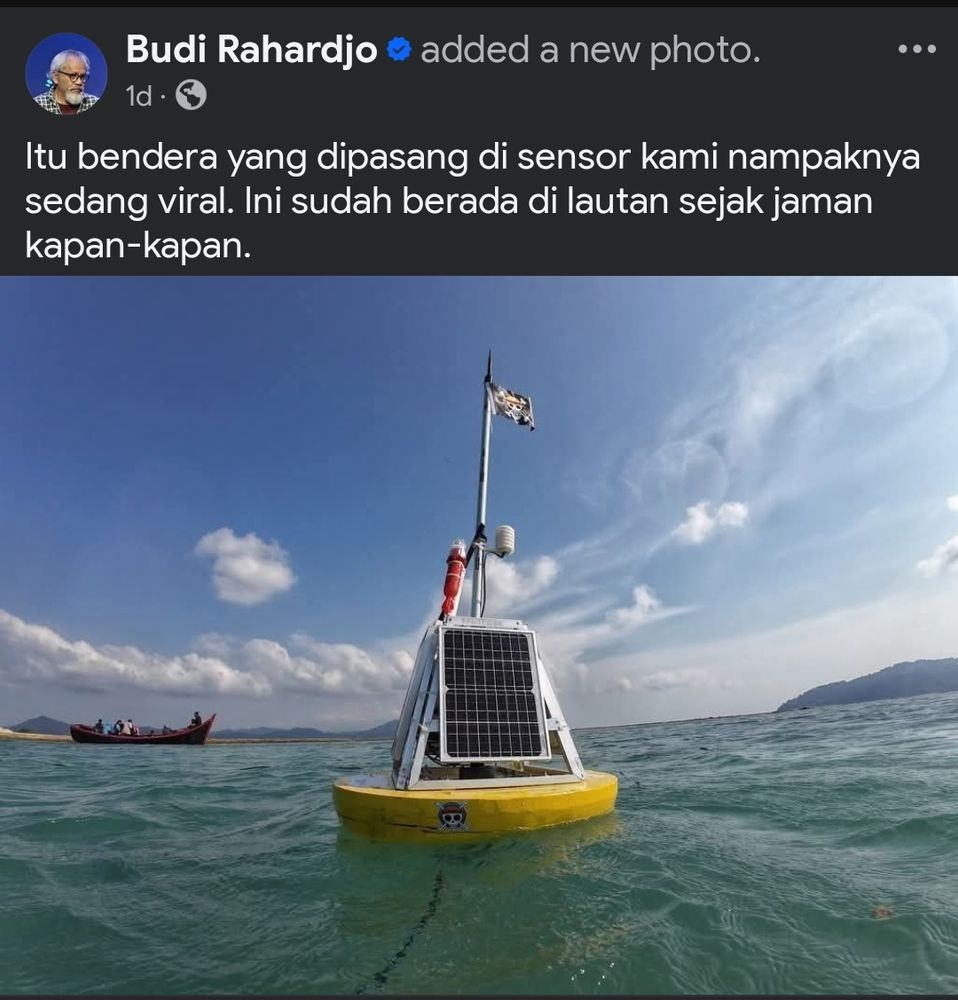 Sebuah pelampung sensor laut berbentuk menyerupai kerucut berwarna kuning mengapung di permukaan laut. Alat ini dilengkapi panel surya, antena, dan diatasnya terpasang bendera kecil bergambar logo bajak laut dari anime One Piece

Cuaca di sekitar terlihat cerah dengan langit biru, beberapa awan, dan air laut jernih berwarna kehijauan.

Di kejauhan terlihat perahu kayu dalam aksen merah dengan orang-orang di atasnya dan latar belakang perbukitan.

Teks di atas gambar berasal dari sebuah kiriman Facebook Budi Rahardjo yang menyebut bahwa bendera ini sudah lama terpasang dan kini sedang viral.

Diketahui bahwa alat ini terletak di lepas laut dekat Pulo Aceh yang pada umumnya berfungsi sebagai alat deteksi cuaca, pemantau kondisi laut, kualitas air, serta alat peringatan dini dan mitigasi bencana.