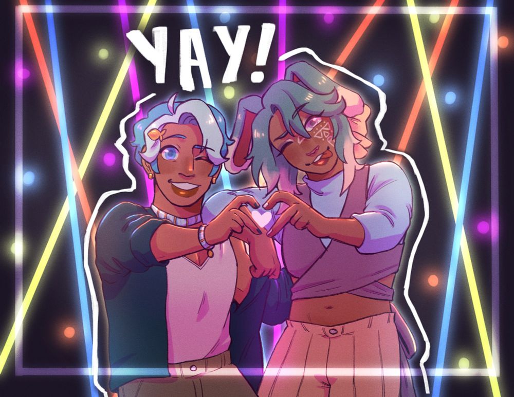 Two characters making a heart with their fingers together at the club