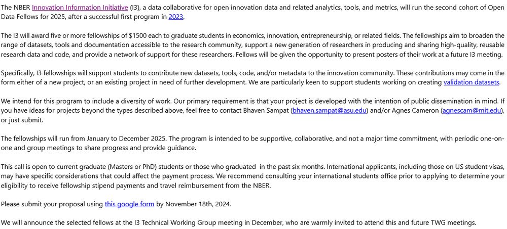 Details of application process from NBER email, including oppty to contact organizers to contact Bhaven Sampat (bhaven.sampat@asu.edu) and/or Agnes Cameron (agnescam@mit.edu) 