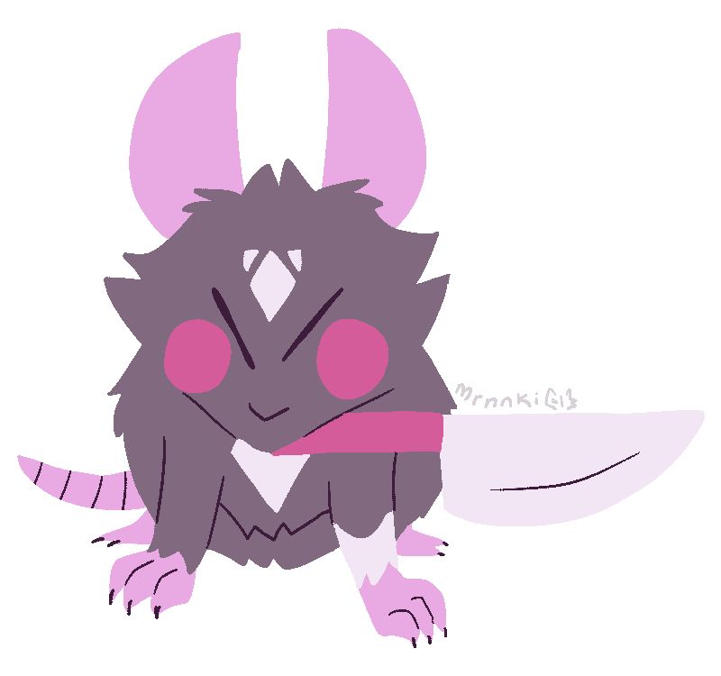 Kishka (a gray rat with white markings) holding a kitchen knife in her mouth with a cartoony angry expression