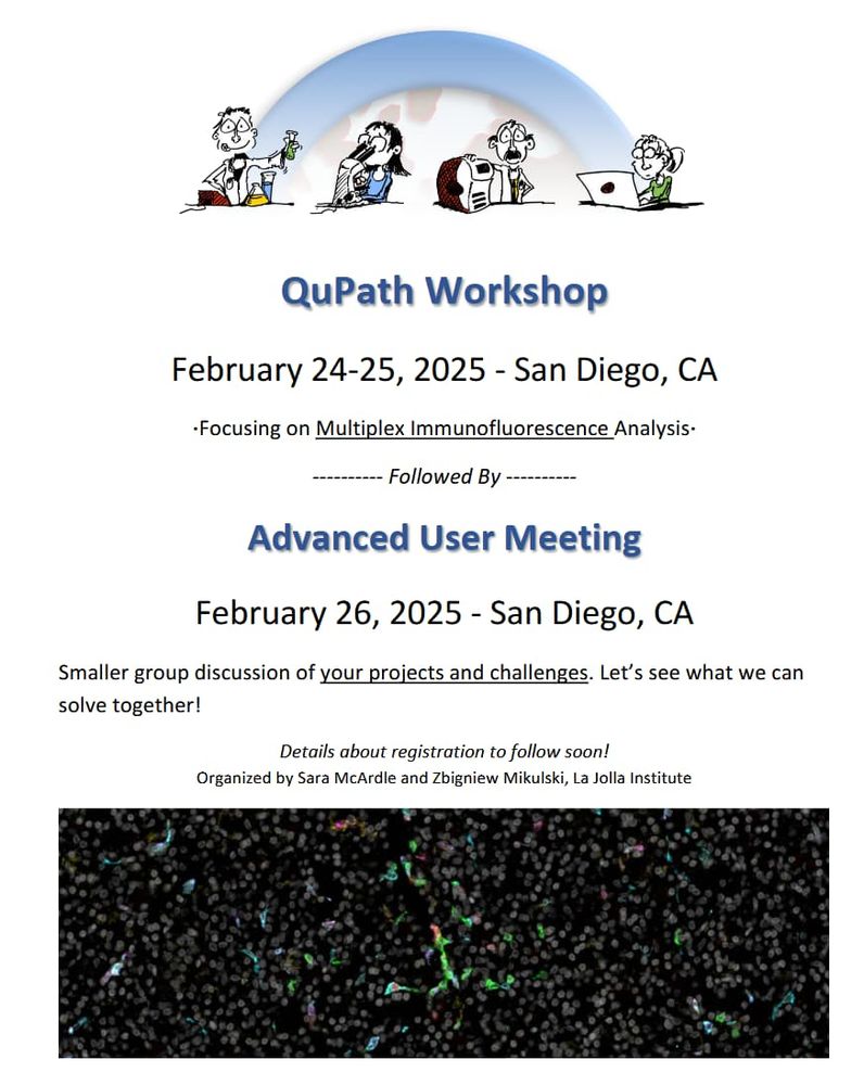 Announcement for a QuPath Workshop in San Diego, CA, on Feb 24-25, 2-25. The following day there will be an Advanced User Meeting.