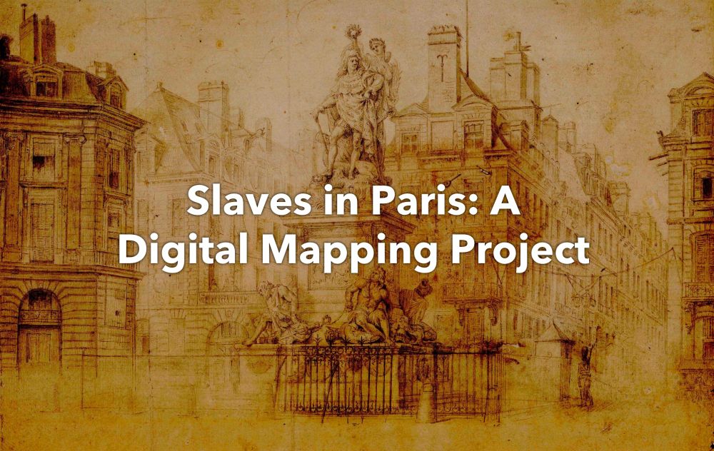 Screenshot of the website header for slavesinparis.org comprising a drawing of the Place des Victoires in 18th-century Paris