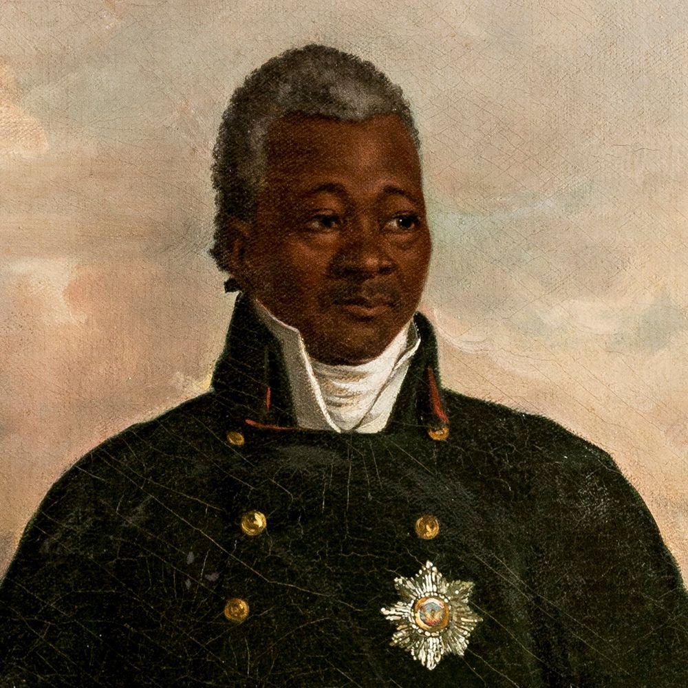 Detail from Evan's portrait of Henry Christophe, King of Haiti, showing his head and shoulders