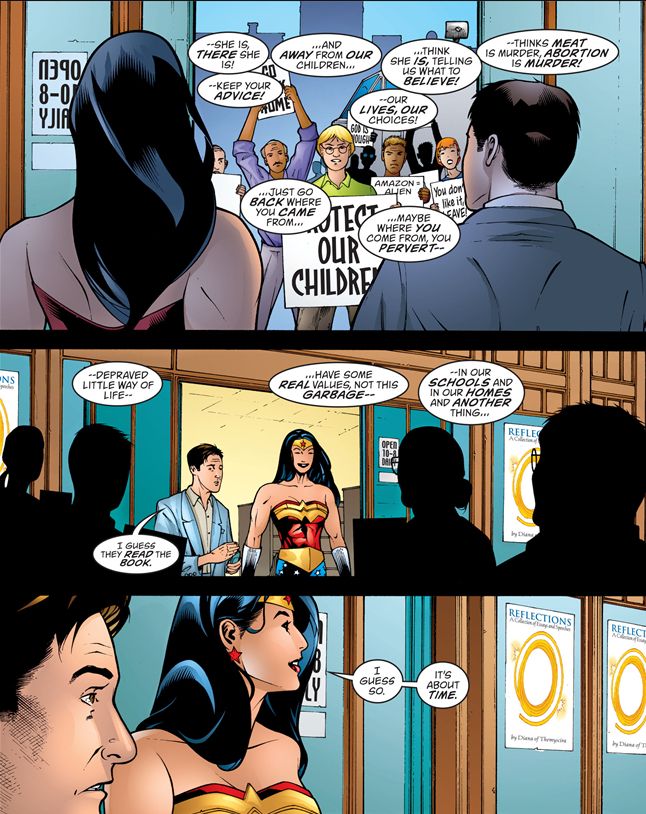 Diana meeting a crowd of protesters. They scream "stay away from our children" "who does she think she is telling us what to believe" "-thinks meat is murder, abortion is murder" "our lives our choices" "depraved way of life" "go back to where you came from" "in our SCHOOLS and our HOMES"