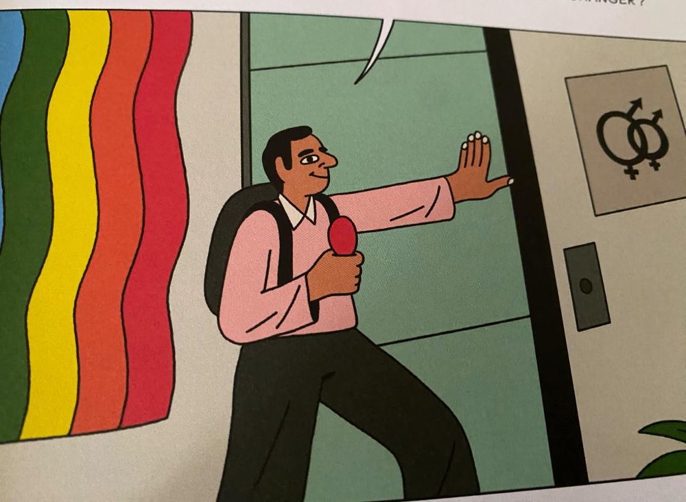 Strip de la BD avec un dessins sensé me représenter, avec un micro france inter à la main en train de pousser la porte d'une grande entreprise qui a un programme 