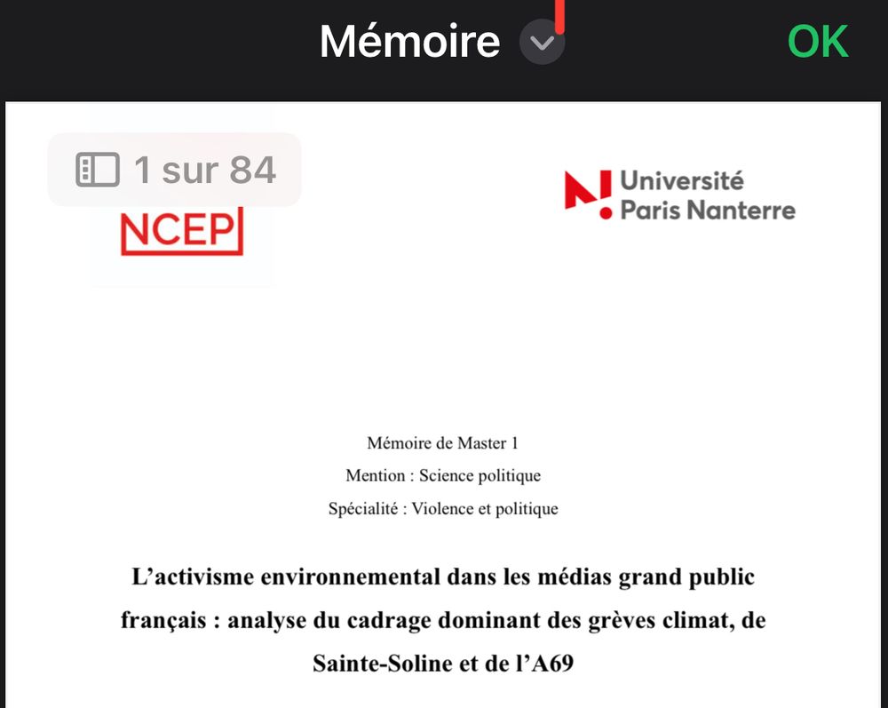 Premiere page du memoire de M1 d’une jeune collègue : « L’activisme environnemental dans les medias grand public : analyse du cadrage dominant des grèves climat, de Sainte-Soline et de l’A69 »