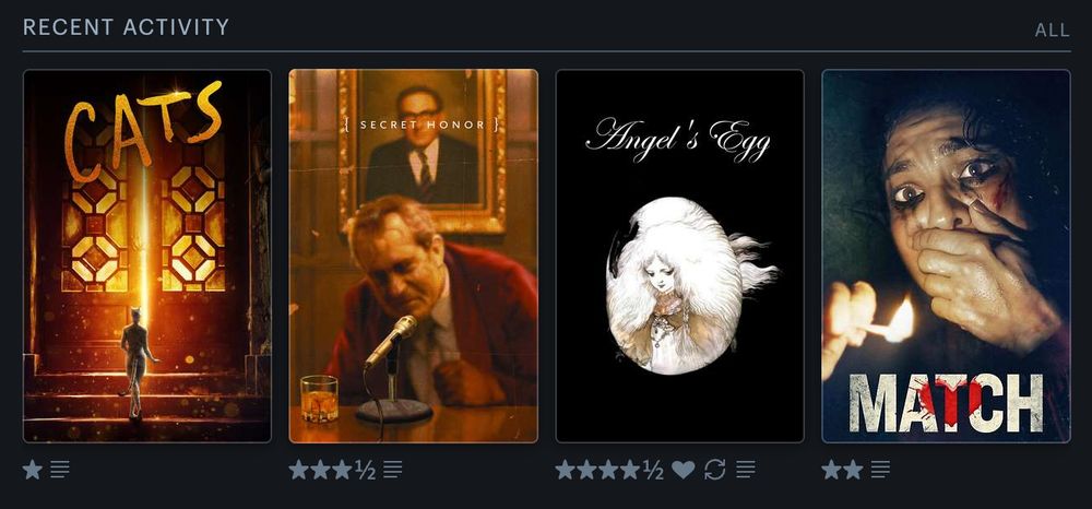 Cats (2019), Secret Honor, Angel's Egg, Match (2025)