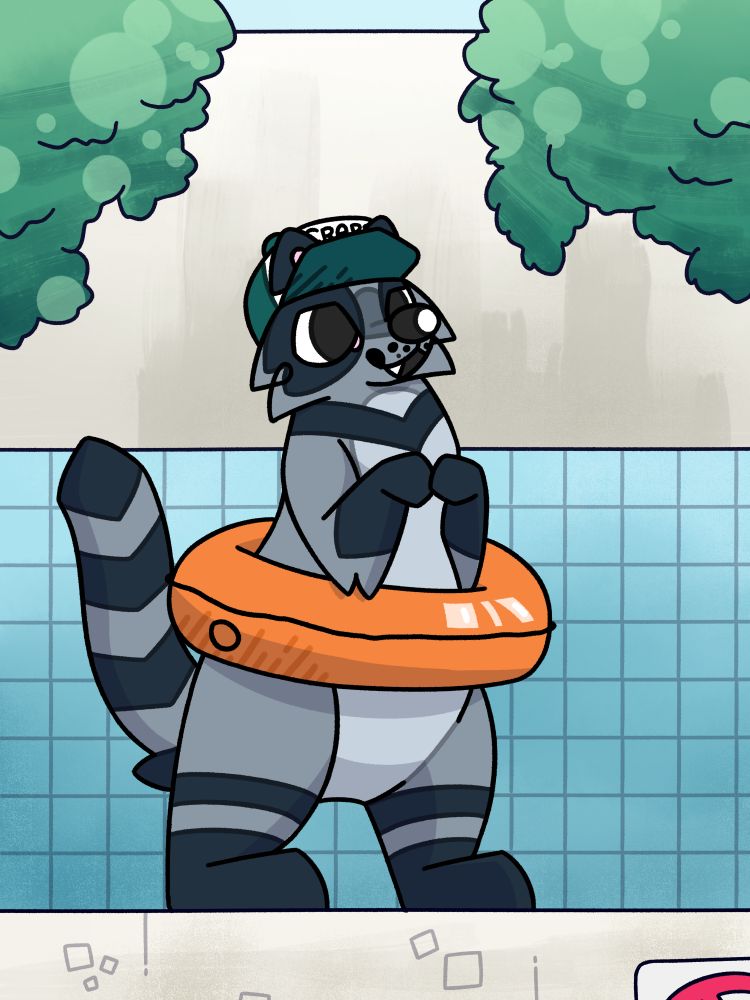 My character Prawn in an inflatable tube, standing on the the edge of a pool