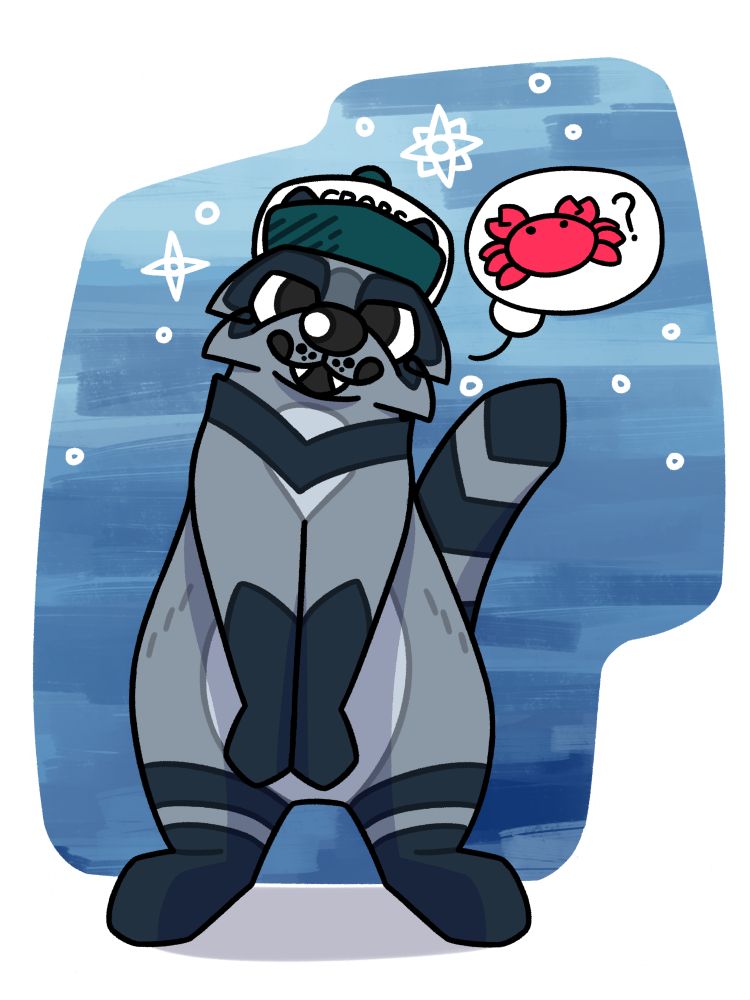 My character Prawn leaning in towards the camera, with a speech bubble containing a crab followed by a question mark