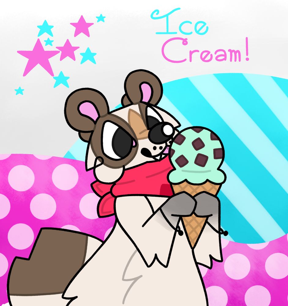 Lychee licking a scoop of mint ice cream on a waffle cone.
