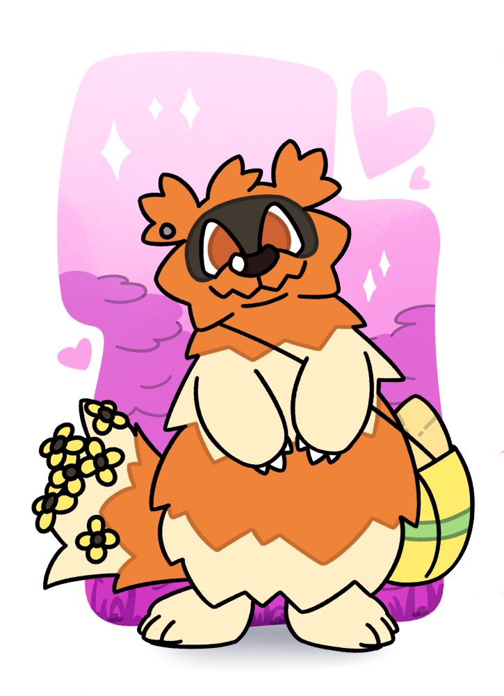 A zigzagoon with shiny coloration who has flowers in their tail, they are carrying a bag full of reviver seeds