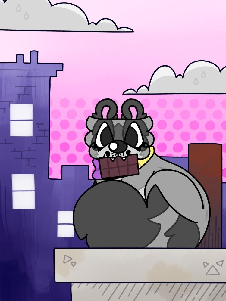 My character Milktoast sitting on top of a roof with ill-gotten chocolate in their mouth