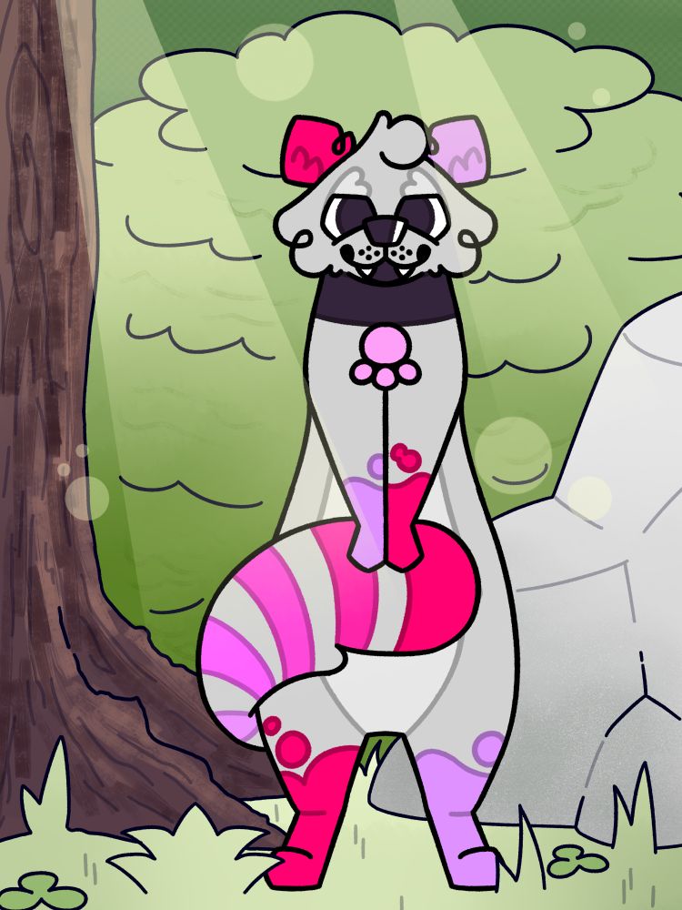 A ringtailed fiend standing in a a forest, next to a tree and a rock. They are holding their tail with their paws. Sunbeams reach down from above.
