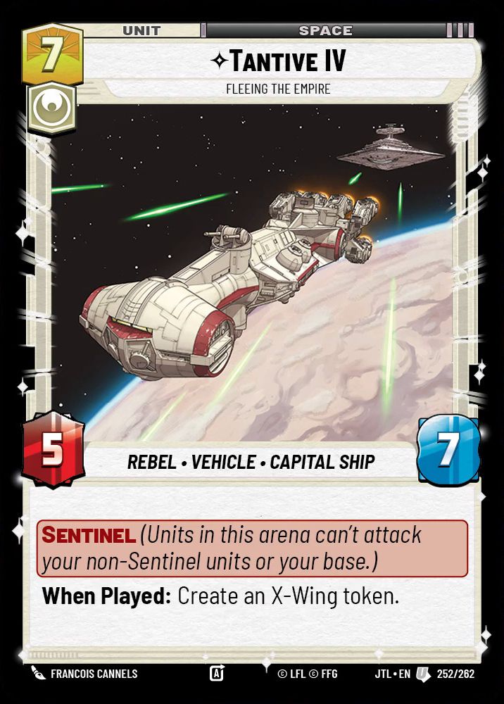 The Star Wars Unlimited card Tantive IV.  7 cost, 5 power, 7 HP.  Sentinel and creates and X-Wing token on play.