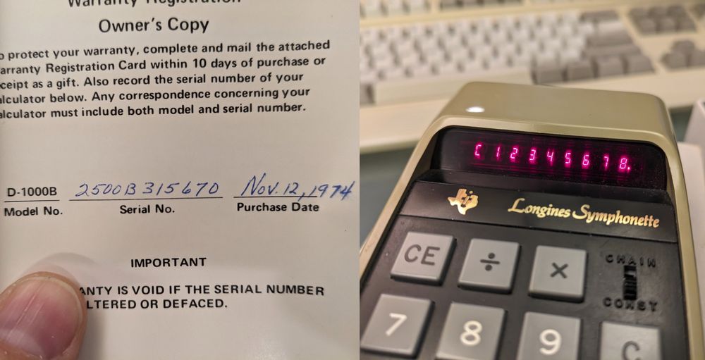 On the left: Warranty registration card for a Longines Symphonette D-1000B calculator, with a purchase date of November 12, 1974.
On the right: Said calculator with the numbers 1 through 8 on the red LED display.