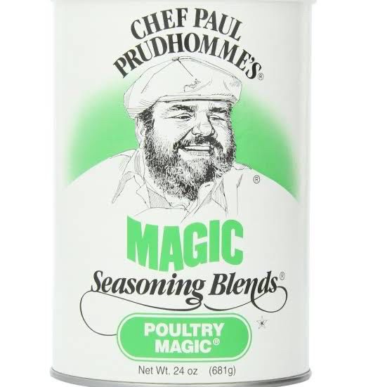 A can of chef Paul prudhomme’s poultry magic seasoning. It’s an old style, with a drawing of him and he looks just like don deluise did in the eighties: fat, bearded, flat cap, big smile.