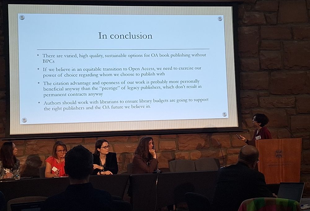 Photograph of Judith Fatallah presenting at the Edinburgh Open Research conference 
