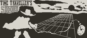 A black and white image of a stylized cowboy looking over a sudoku grid on the ground that stretches off into the sunset. There's a silhouette of a Mesa in this desert landscape, with wispy clouds going across the sky and passing the sun. A pocket watch on a delicate chain stretches to the right side of the image, and i the sky across it says the title of the game: Time Traveller's Sudoku