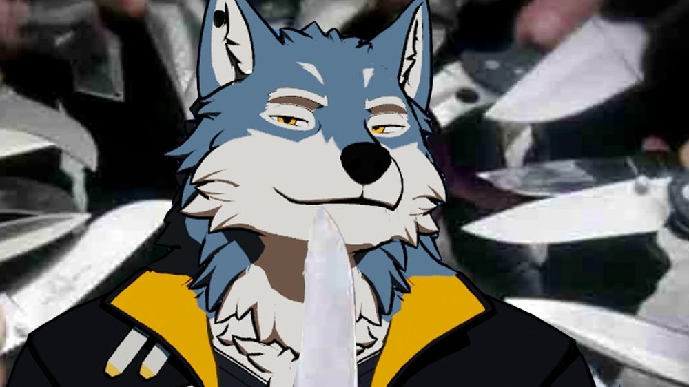 A very smug Proto smugs smugly while having knives pointed at their smug face. 