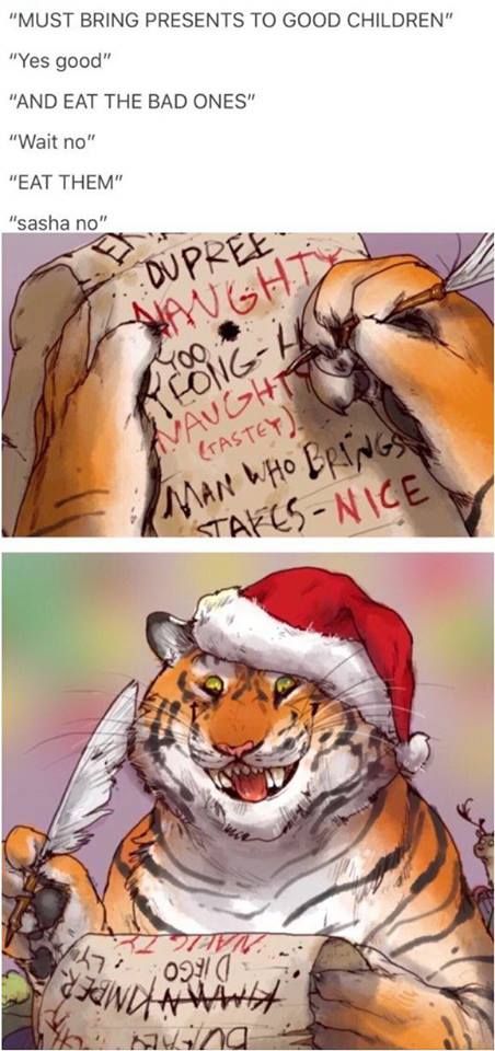 An anthro tiger wearing a tiger hat joyfully crossing names off a naughty/nice list.