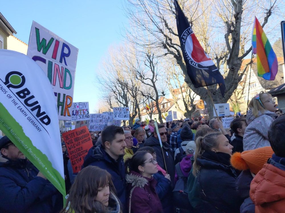 Viele Menschen mit bunten Plakaten und Fahnen bei der Kundgebung in Heppenheim.