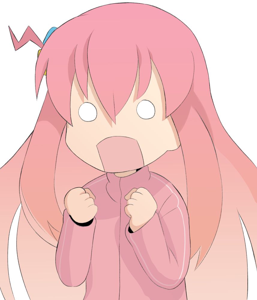 Bocchi hitori gotoh from bocchi the Rock! Anime looking at the camera with a shocked funny face expression in a pastel cute artstyle