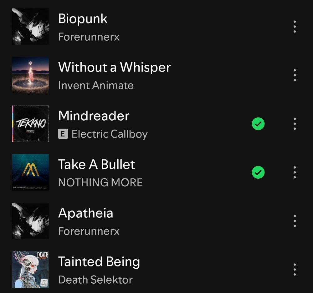 A screenshot showing songs from the Top Tracks playlist on Spotify, showcasing the artists Invent Animate, Forerunnerx, and Deatg Selektor.