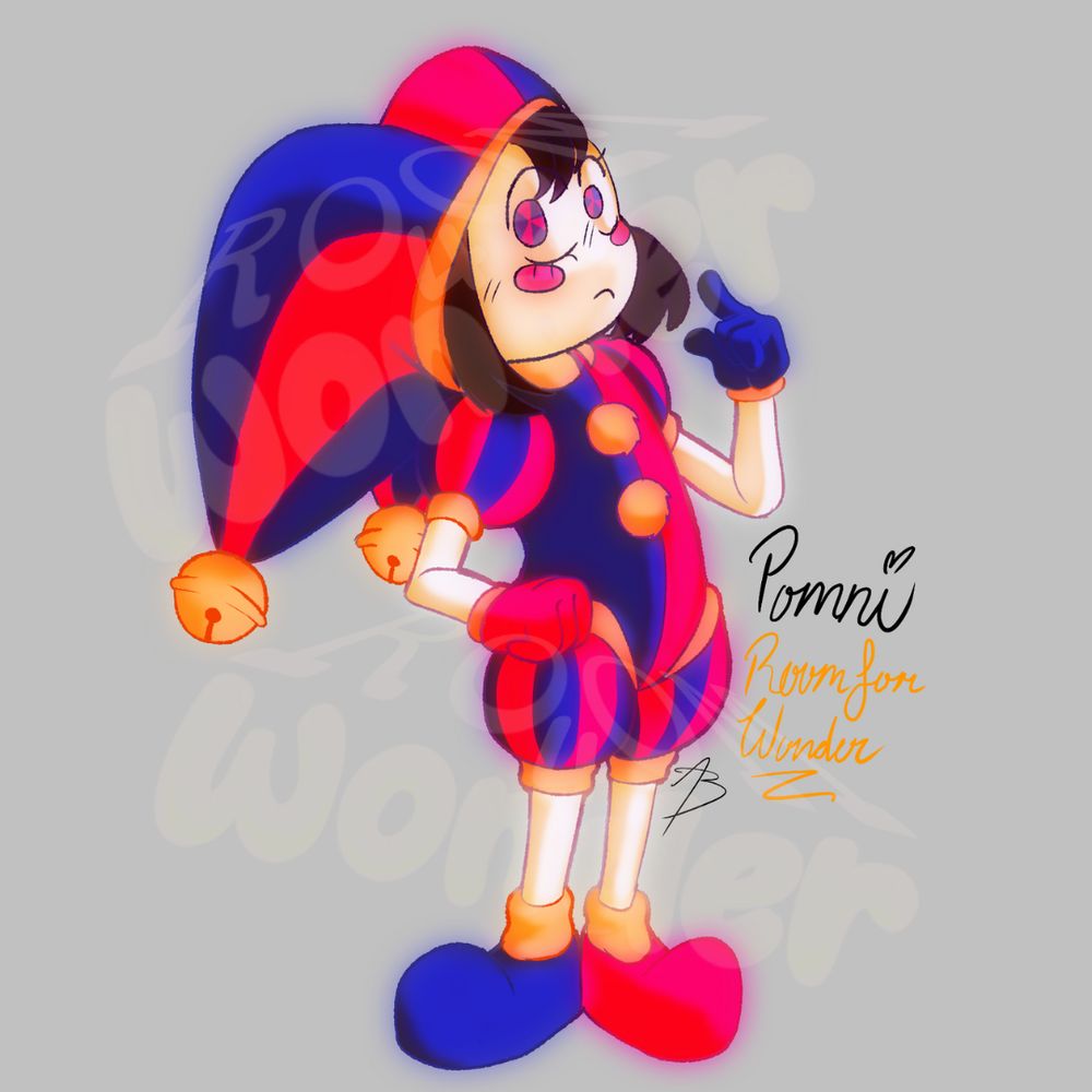 pomni from tadc, shes a jester, her hat has bells dangling off it and shes pointing to herself inquisitively