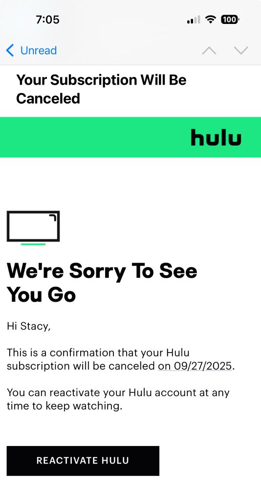 Confirmation email confirming our Hulu/HBO/Disney bundle is cancelled. I can’t support companies that enable authoritarian fascist regimes. 