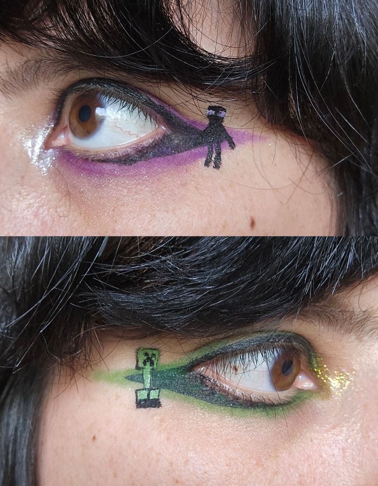 Photos taken of my makeup, the top has one eye with purple eyeshadow and eyeliner as well as a drawn endermen. The bottom has the other eye with green eyeshadow and eyeliner with a drawn creeper.