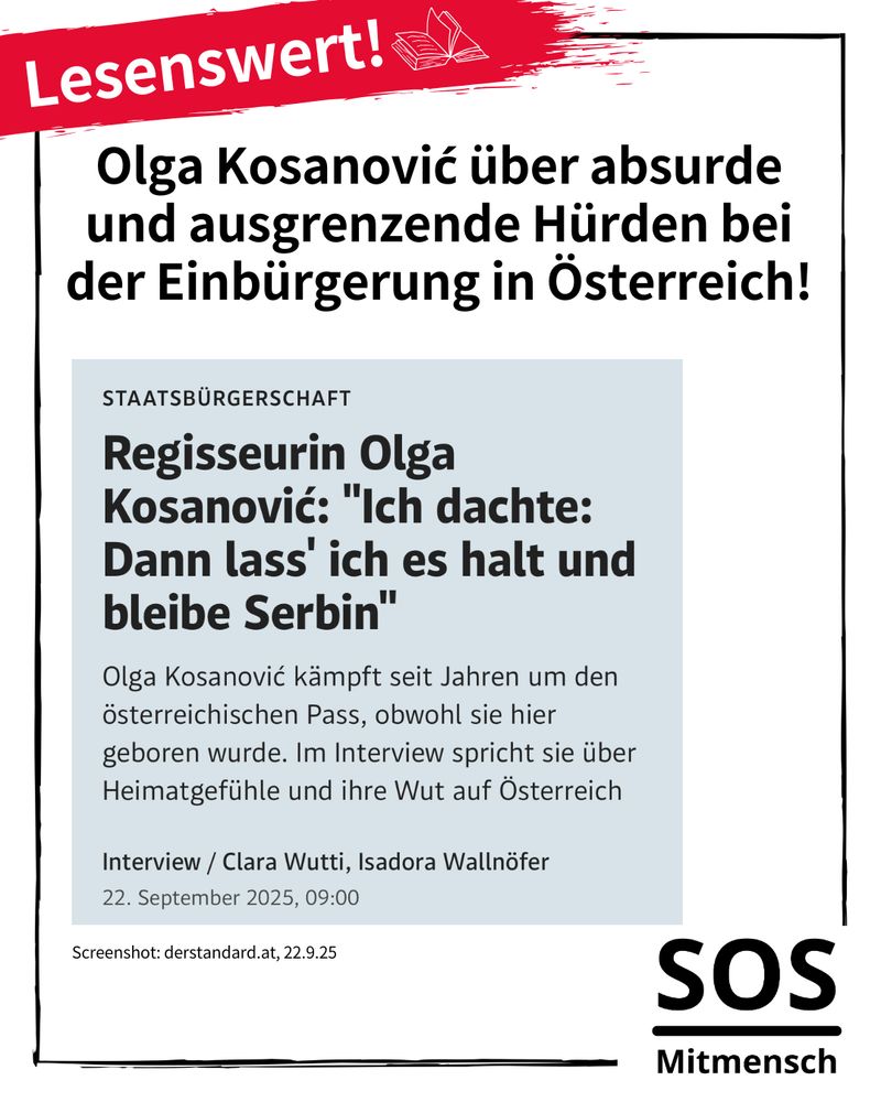 „Ich dachte: Dann lass ich’s halt und bleibe Serbin“ – In einem offenen Gespräch erzählt Regisseurin Olga Kosanović über absurde & ausgrenzende Hürden bei der Einbürgerung in Österreich, und was das mit Zugehörigkeit, Identität & Resignation zu tun hat. https://www.derstandard.at/story/3000000287571/regisseurin-olga-kosanovic-ich-dachte-dann-lass-ich-es-halt-und-bleibe-serbin