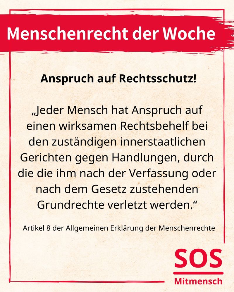 Menschenrecht der Woche: Anspruch auf Rechtsschutz! Bedeutet: Wenn deine Rechte verletzt wurden, solltest du das Recht haben, vor Gericht zu klagen. Beispiel: Wird dir zu Unrecht gekündigt, solltest du das Recht und die Möglichkeit haben, dagegen klagen.