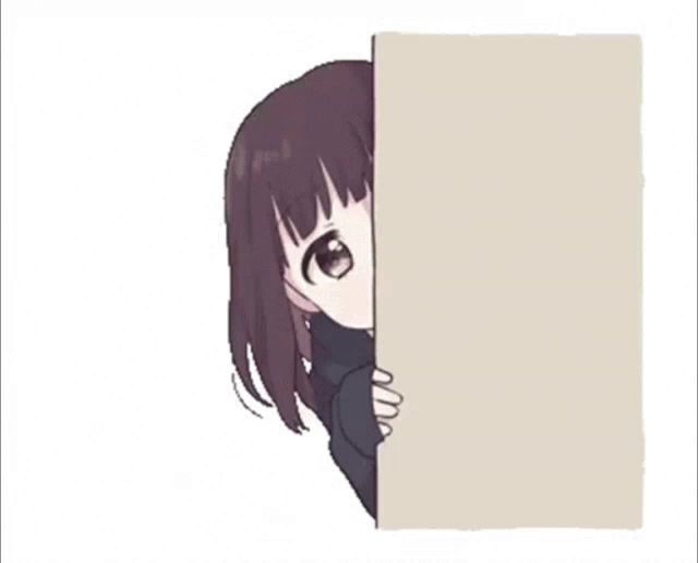 a girl peeking out from behind a wall with the word hi on it