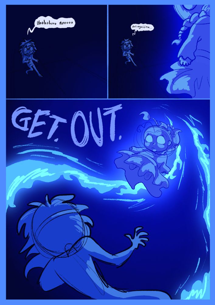 Herb steps back in horror as he watches the doll start to glow and levitate. “Ohohooo noooo, not agaiiin” he whimpers, before the doll screams “GET. OUT”. Two glowing beams of magic blue flames burst out from behind it.