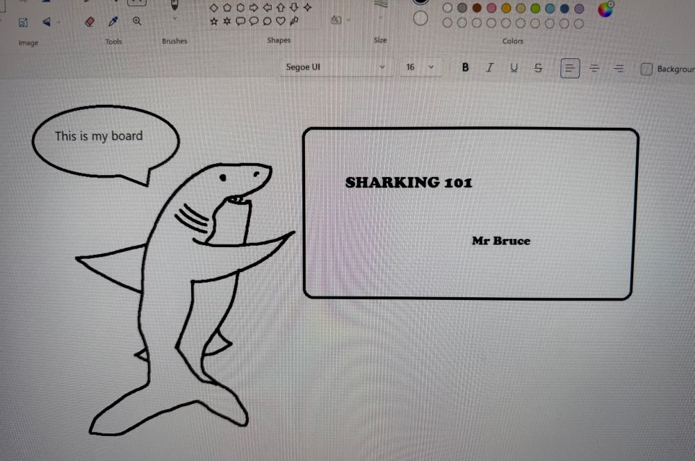 A shabbily drawn great white shark showing off his whiteboard. This was created on ms paint. 