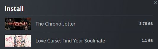 Screenshot of the install screen of Steam of the games: The Chrono Jotter and Love Curse